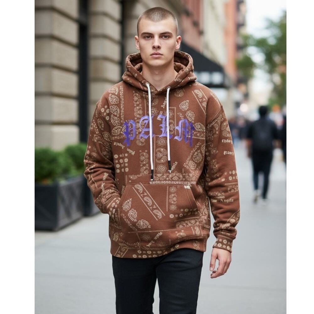 Palm Angels Bandana print cotton-jersey hoodie brown large NWOT